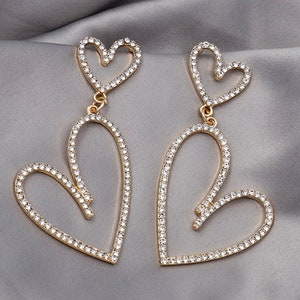 Double Heart Rhinestone Drop Earrings - 925 Silver Posts