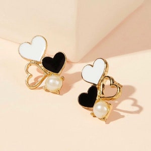 Two Tone Heart Shaped Stud Earrings, Valentines, Heart Cluster, Black & White
