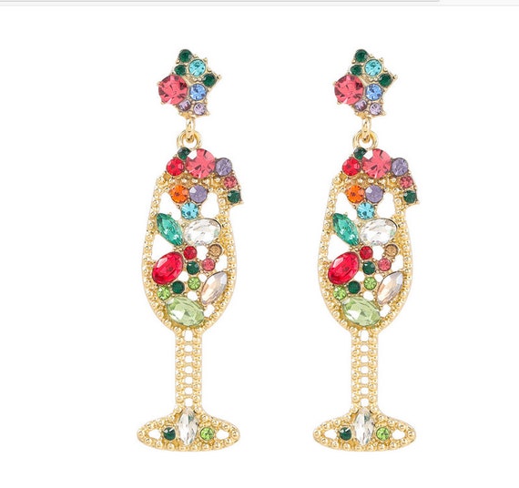 Rhinestone Champagne Glass Earrings Wine Glass Alcohol Etsy