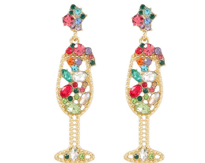 Rhinestone Champagne Glass Earrings, Wine Glass, Alcohol, Spirits, New