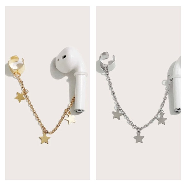 AirPod Holder Cuff Earring, Estrellas doradas o plateadas, No perforado, Anti-Lost AirPod, EarPod, Pendiente funcional, Cadena de auriculares, One Piece