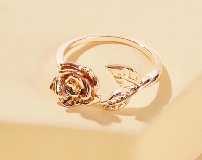 Rose Gold Flower & Leaf Ring Size 7 Rose Ring Flower Etsy
