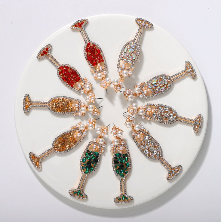 Rhinestone Champagne Glass Earrings Wine Glass Alcohol Etsy