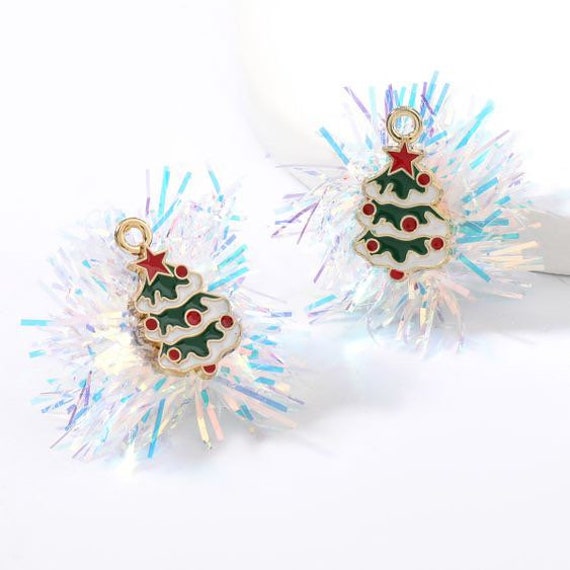 Star and Tinsel Stud Earrings Christmas Fir Tree with Candy Canes 1 pair