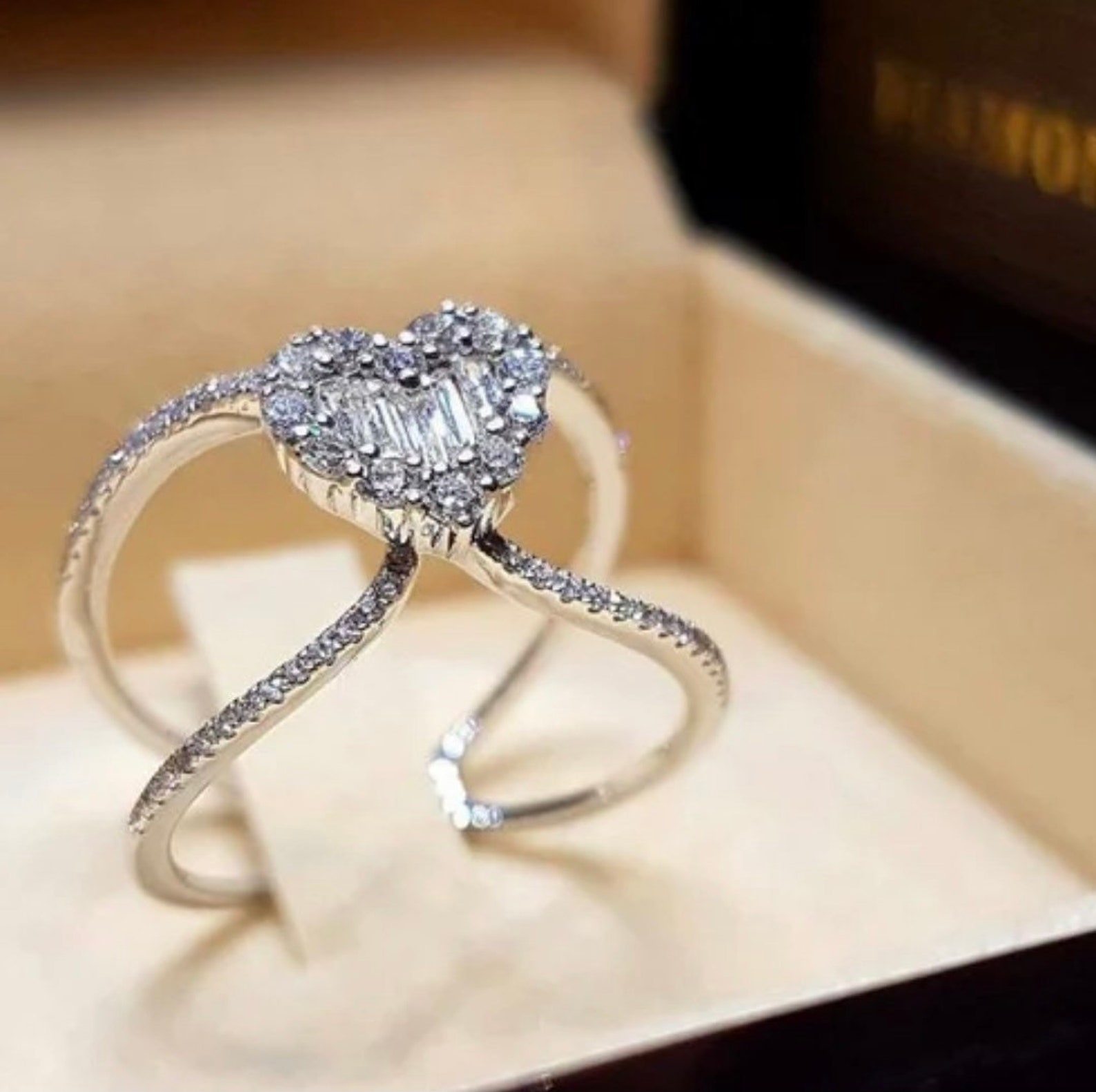 Valentine Heart Ring 14K White Gold Plated Clear Crystals Etsy