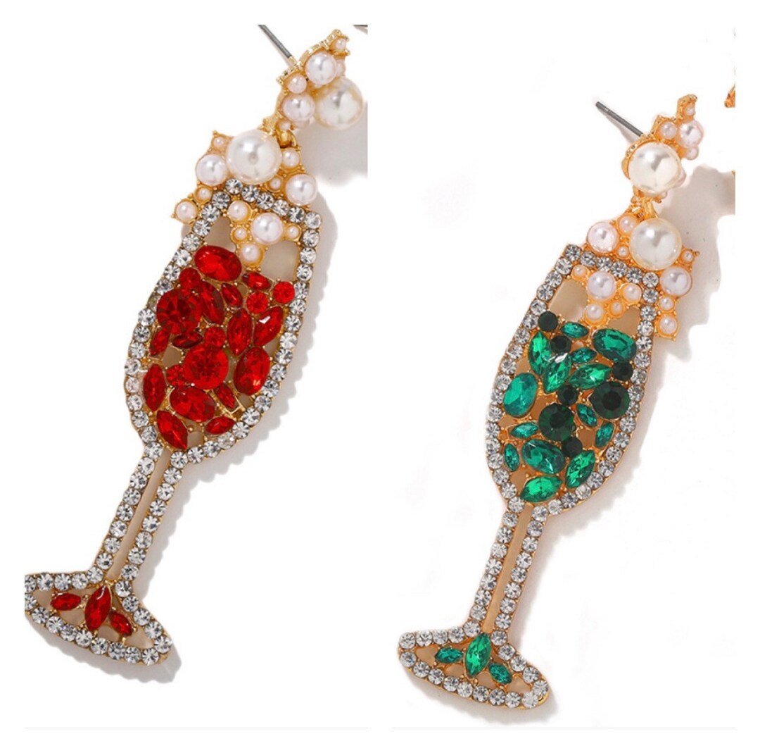 Rhinestone Champagne Glass Earrings Wine Glass Alcohol Etsy