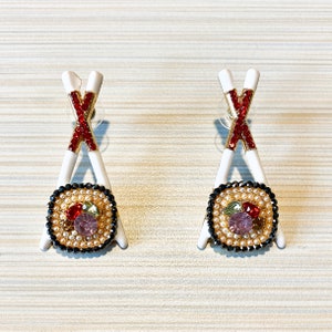 Chopstick Earrings, Sushi Roll Studs, Bedazzled, Chinese Food, Food & Drink Jewelry, Sparkly Rhinestones, Red or White