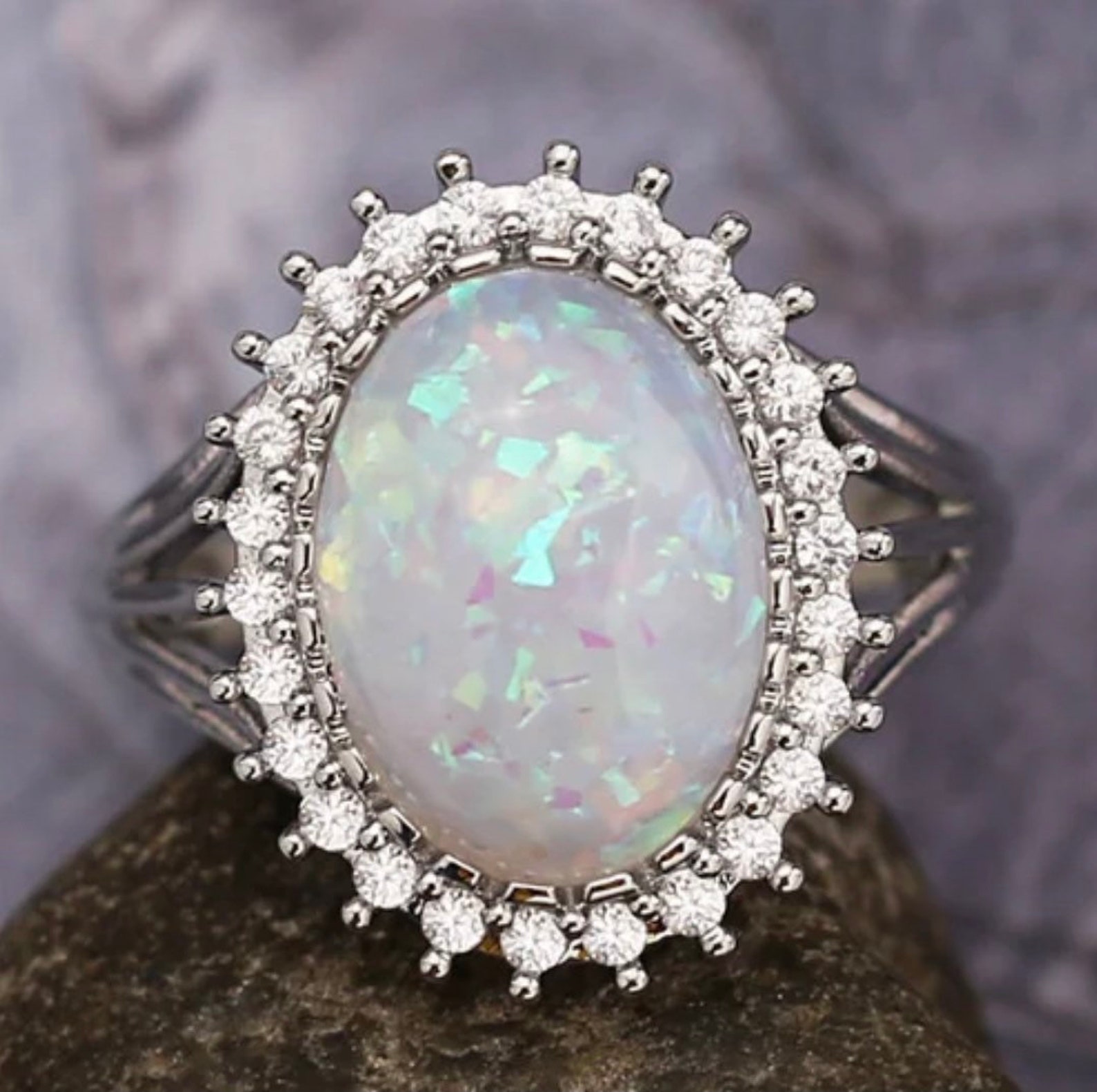 Charming Oval Lab Created Opal Ring With Rhinestones Etsy