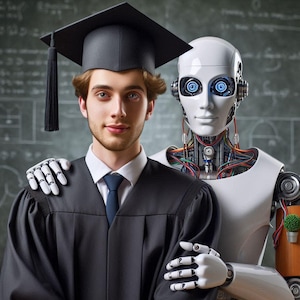 May include: A young person wearing a black graduation cap and gown is being congratulated by a white humanoid robot with blue eyes. The robot has a mechanical arm and is holding the person's shoulder.