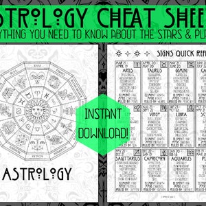 Puede incluir: Una ilustraci&oacute;n en blanco y negro de la rueda del zod&iacute;aco con el sol en el centro. Los signos del zod&iacute;aco est&aacute;n listados alrededor de la rueda. Una caja verde con el texto "INSTANT DOWNLOAD!" est&aacute; en la esquina inferior derecha. Una tabla con los signos del zod&iacute;aco, sus fechas y sus caracter&iacute;sticas est&aacute; en el lado derecho de la imagen. El texto "SIGNS QUICK REFERENCE" est&aacute; en la parte superior de la tabla.