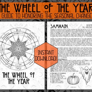 May include: A black and white illustration of a wheel of the year with the name of each month and a corresponding symbol. The wheel is divided into eight sections, each representing a different season. The text "The Wheel of the Year" is written below the wheel. The image also includes a description of the Samhain holiday, which is celebrated on 1st November.