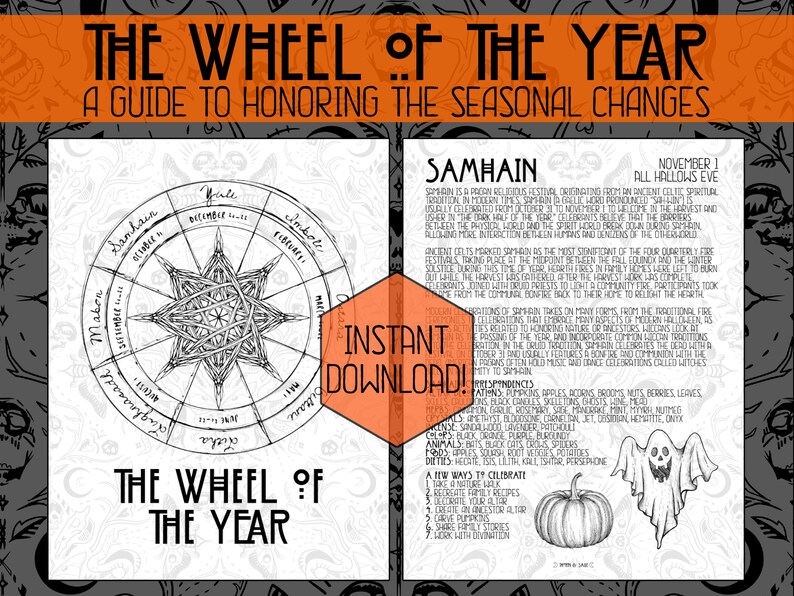 May include: A black and white illustration of a wheel of the year with the name of each month and a corresponding symbol. The wheel is divided into eight sections, each representing a different season. The text "The Wheel of the Year" is written below the wheel. The image also includes a description of the Samhain holiday, which is celebrated on 1st November.