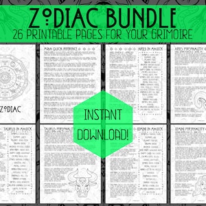 Puede incluir: Un conjunto de p&aacute;ginas imprimibles en blanco y negro sobre el zod&iacute;aco para un grimorio. El conjunto incluye una rueda del zod&iacute;aco, una gu&iacute;a de referencia r&aacute;pida y p&aacute;ginas individuales para cada signo del zod&iacute;aco. Las p&aacute;ginas incluyen informaci&oacute;n sobre la personalidad del signo, las correspondencias m&aacute;gicas y el regente planetario.