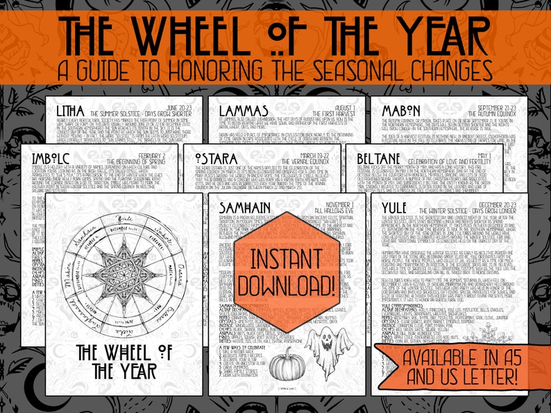 May include: A black and white printable guide to the Wheel of the Year, a pagan holiday calendar. The guide includes the names of the eight sabbats, their dates, and descriptions of each holiday. The image also includes a black and white illustration of the Wheel of the Year, a symbol representing the cyclical nature of the year.