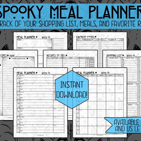 Spooky Meal Planner | A4 A5 & US Letter Inserts | Gothic Meal Planner | Shopping List | Meal Tracker | Recipe Tracker | To Do List