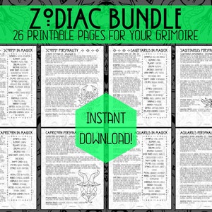 Puede incluir: Un paquete de p&aacute;ginas imprimibles del Zod&iacute;aco para un grimorio, con 26 p&aacute;ginas con informaci&oacute;n sobre cada signo del zod&iacute;aco. La imagen muestra cuatro p&aacute;ginas con los signos Escorpio, Sagitario, Capricornio y Acuario. Cada p&aacute;gina incluye un s&iacute;mbolo para el signo, una lista de plantas, animales y otros elementos asociados, y una descripci&oacute;n de la personalidad y las propiedades m&aacute;gicas del signo.