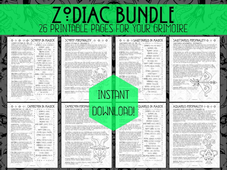 Puede incluir: Un paquete de p&aacute;ginas imprimibles del Zod&iacute;aco para un grimorio, con 26 p&aacute;ginas con informaci&oacute;n sobre cada signo del zod&iacute;aco. La imagen muestra cuatro p&aacute;ginas con los signos Escorpio, Sagitario, Capricornio y Acuario. Cada p&aacute;gina incluye un s&iacute;mbolo para el signo, una lista de plantas, animales y otros elementos asociados, y una descripci&oacute;n de la personalidad y las propiedades m&aacute;gicas del signo.