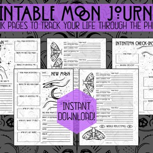 May include: Printable moon journal with black and white illustrations of moths, moons, and hands. The journal includes pages for tracking intentions, gratitude, and reflections during each phase of the moon.
