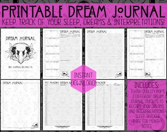 May include: Printable dream journal with a black and white skull illustration. The journal includes 7 high quality PDFs, 2 different dream journal layouts, a sleep tracker, and a page for monthly notes.