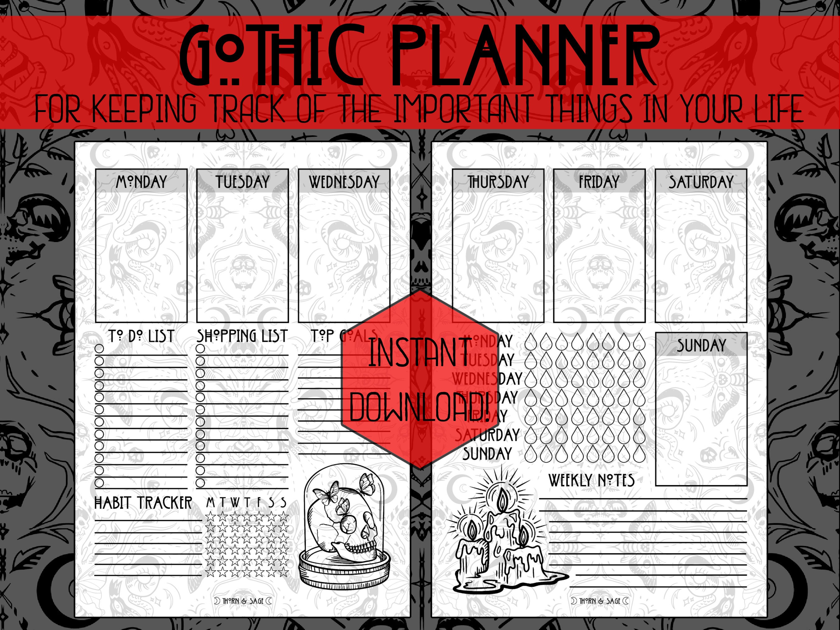 Gothic Weekly and Monthly Planner A4 A5 & US Letter Inserts Etsy