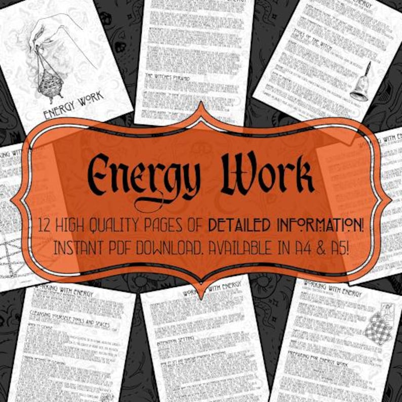 May include: A digital download of a 12-page guide to energy work. The guide is available in A4 and A5 sizes. The cover features a black and white illustration of a hand holding a cauldron.