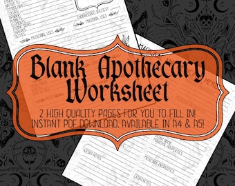 May include: A printable worksheet for recording information about herbs. The worksheet has sections for herb name, botanical name, other names, native to, symbolism, colors, gender, planets, elements, zodiac signs, chakras, deities, medicinal uses, endangered species, and magical uses. The worksheet is titled "Blank Apothecary Worksheet" and has a black and white background with a skull and crossbones design.