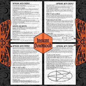 May include: A printable guide to working with energy, casting circles, and spells. The guide features black and white illustrations of pentagrams and other symbols. The text includes instructions on how to charge items, banish and ward, and cast a circle. The guide also includes instructions on how to cast a spell.