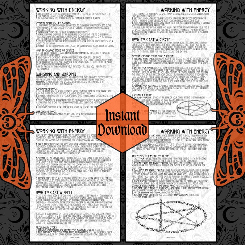 May include: A printable guide to working with energy, casting circles, and spells. The guide features black and white illustrations of pentagrams and other symbols. The text includes instructions on how to charge items, banish and ward, and cast a circle. The guide also includes instructions on how to cast a spell.