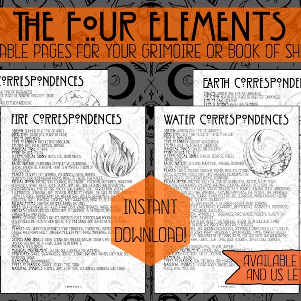 The Four Elements Correspondences | Instant Download | Printable Pages | Grimoire | Book Of Shadows