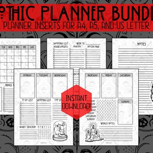 May include: A printable planner bundle with a gothic theme. The pages include a monthly calendar, weekly planner, to-do lists, habit trackers, and notes pages. The pages feature illustrations of a skull, a unicorn, and candles.