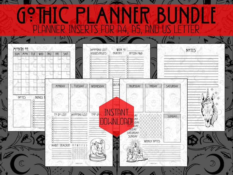 May include: A printable planner bundle with a gothic theme. The pages include a monthly calendar, weekly planner, to-do lists, habit trackers, and notes pages. The pages feature illustrations of a skull, a unicorn, and candles.