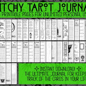 May include: A black and white printable tarot journal with 38 pages. The cover features a hand holding a tarot card with the text "Witchy Tarot Journal" and "38 Printable Pages for Unlimited Personal Use!" The journal includes pages for tracking tarot readings, spreads, and monthly spreads.
