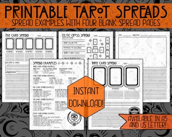 May include: Printable tarot spreads with examples of five, three, and Celtic cross spreads. The spreads are printed on white paper with black lines. The image also includes a section with spread examples and a note that the spreads are available in A5 and US letter sizes.