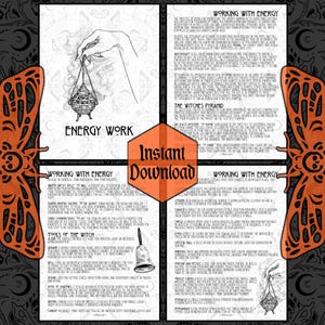 May include: A printable guide to energy work with illustrations of tools and a witch's pyramid. The text includes the title "Energy Work" and the phrase "Instant Download".