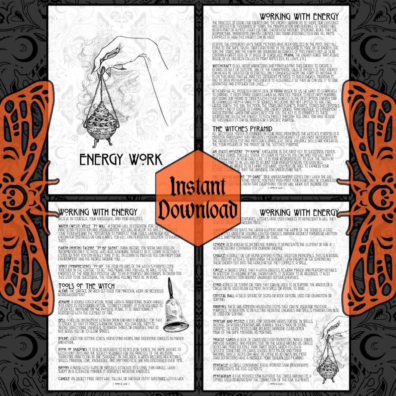 May include: A printable guide to energy work with illustrations of tools and a witch's pyramid. The text includes the title "Energy Work" and the phrase "Instant Download".