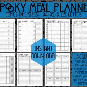 May include: Printable spooky meal planner in three sizes: A4, A5, and US Letter. The planner includes a meal planner, favorite foods list, recipe record page, recipes to try page, and shopping list.