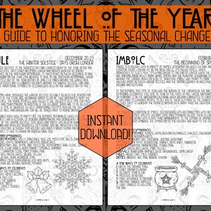 May include: A black and white printable guide to celebrating the Wheel of the Year, a pagan holiday calendar. The guide includes information about Yule, Imbolc, and other seasonal celebrations. The guide features illustrations of a snowflake, bells, a cauldron, and a cross.