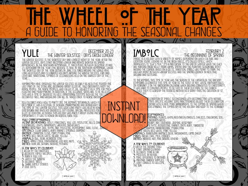 May include: A black and white printable guide to celebrating the Wheel of the Year, a pagan holiday calendar. The guide includes information about Yule, Imbolc, and other seasonal celebrations. The guide features illustrations of a snowflake, bells, a cauldron, and a cross.