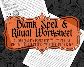 May include: A printable worksheet with an orange border and the text "Blank Spell & Ritual Worksheet" in black. The worksheet is designed for writing down spells and rituals. The text "2 High Quality Pages for You to Fill In! Instant PDF Download. Available in A4 & A5!" is also included.