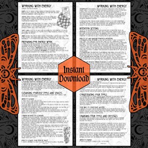May include: A printable guide with tips on working with energy, including intention setting, cleansing tools and spaces, consecrating tools, and charging crystals. The guide features a black and white design with a moth illustration.