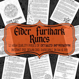 May include: A digital download of 12 pages of detailed information about Elder Futhark runes. The pages are in black and white and feature a variety of rune symbols and text. The download is available in A4 and A5 sizes.