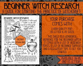 May include: A printable guide for beginner witches with a list of research topics, beginner supplies, and witchy tips. The guide features illustrations of mushrooms, a candle, and a potion bottle. The text includes quotes from Margot Adler and Dacha Avelin.  The guide is available in US Letter and A5 sizes.