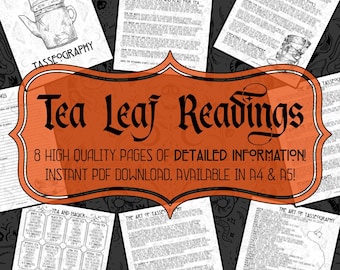 以下が含まれることがあります： 黒文字で「Tea Leaf Readings」と書かれたオレンジ色のバナー。バナーは、ティーカップ、ティーポット、茶葉の白黒のイラストで囲まれています。バナーの下のテキストは、「8ページの高品質な詳細情報！即時PDFダウンロード。A4とA5で利用可能！」です。