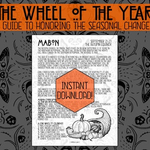 May include: A black and white illustration of a wheel of the year with a focus on the autumn equinox, also known as Mabon. The illustration includes a cornucopia overflowing with harvest bounty, a moth, and text describing the celebration of the harvest.