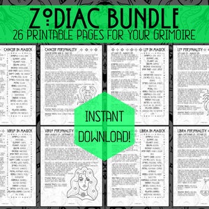 Puede incluir: Un paquete de p&aacute;ginas imprimibles del zod&iacute;aco para un grimorio. La imagen muestra cuatro p&aacute;ginas con ilustraciones en blanco y negro de un cangrejo, un le&oacute;n, una mujer con una corona de estrellas y una balanza. El texto en las p&aacute;ginas incluye los nombres de los signos del zod&iacute;aco, "C&aacute;ncer", "Leo", "Virgo" y "Libra", y las palabras "En Magia" y "Personalidad".