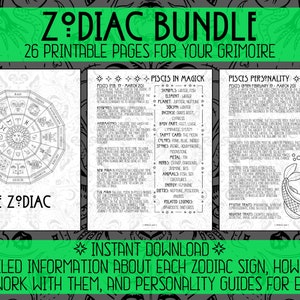 Puede incluir: Un paquete de p&aacute;ginas imprimibles del Zod&iacute;aco para un grimorio. El paquete incluye una ilustraci&oacute;n en blanco y negro de la rueda del Zod&iacute;aco, una p&aacute;gina con informaci&oacute;n sobre Piscis en magia, y una p&aacute;gina con informaci&oacute;n sobre la personalidad de Piscis. El texto en las p&aacute;ginas incluye s&iacute;mbolos, elementos, plantas, incienso, partes del cuerpo, y m&aacute;s.