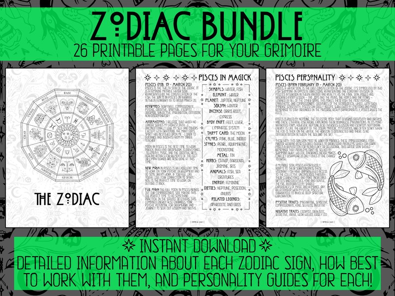 Puede incluir: Un paquete de p&aacute;ginas imprimibles del Zod&iacute;aco para un grimorio. El paquete incluye una ilustraci&oacute;n en blanco y negro de la rueda del Zod&iacute;aco, una p&aacute;gina con informaci&oacute;n sobre Piscis en magia, y una p&aacute;gina con informaci&oacute;n sobre la personalidad de Piscis. El texto en las p&aacute;ginas incluye s&iacute;mbolos, elementos, plantas, incienso, partes del cuerpo, y m&aacute;s.
