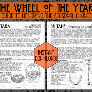 May include: A black and white illustration of a wheel of the year with descriptions of the different seasons and their associated celebrations. The illustration includes a bird's nest with eggs, a maypole, and a crescent moon.