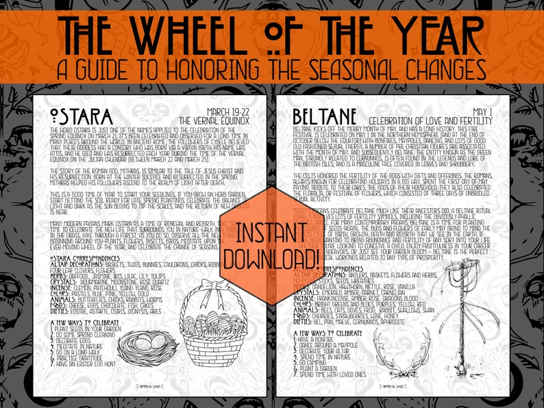 May include: A black and white illustration of a wheel of the year with descriptions of the different seasons and their associated celebrations. The illustration includes a bird's nest with eggs, a maypole, and a crescent moon.