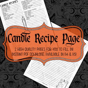 Op de afbeelding: Afdrukbare kaarsreceptpagina met een zwart-witte illustratie van een kaars. De pagina heeft een titel die "Candle Recipe Page" zegt en de tekst "2 High Quality Pages for you to fill in! Instant PDF Download. Available in A4 & A5!"